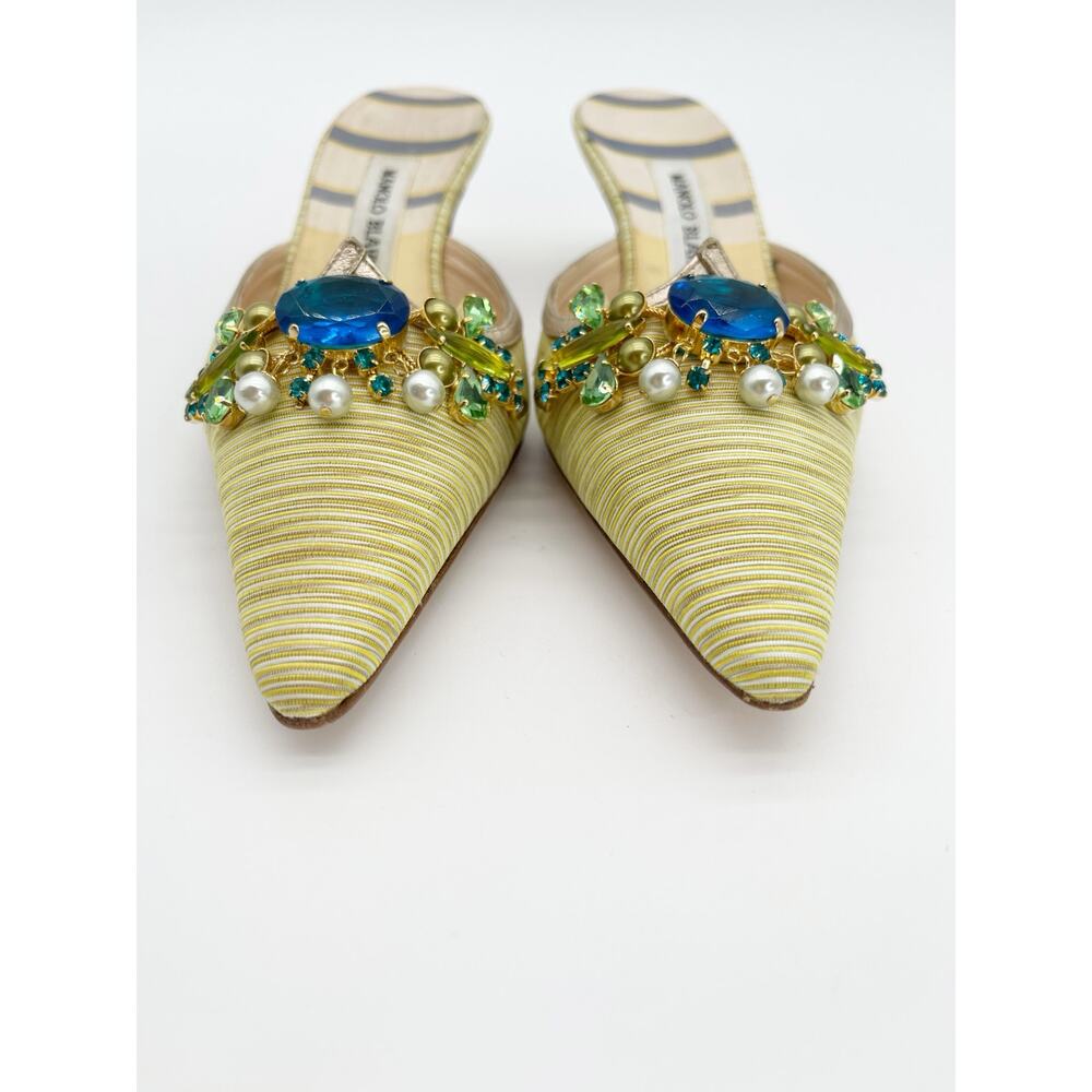 Manolo Blahnik Retro Green Striped Crystal Pointed Toe Kitten Heel Mules IT 36.5 - Picture 8 of 12